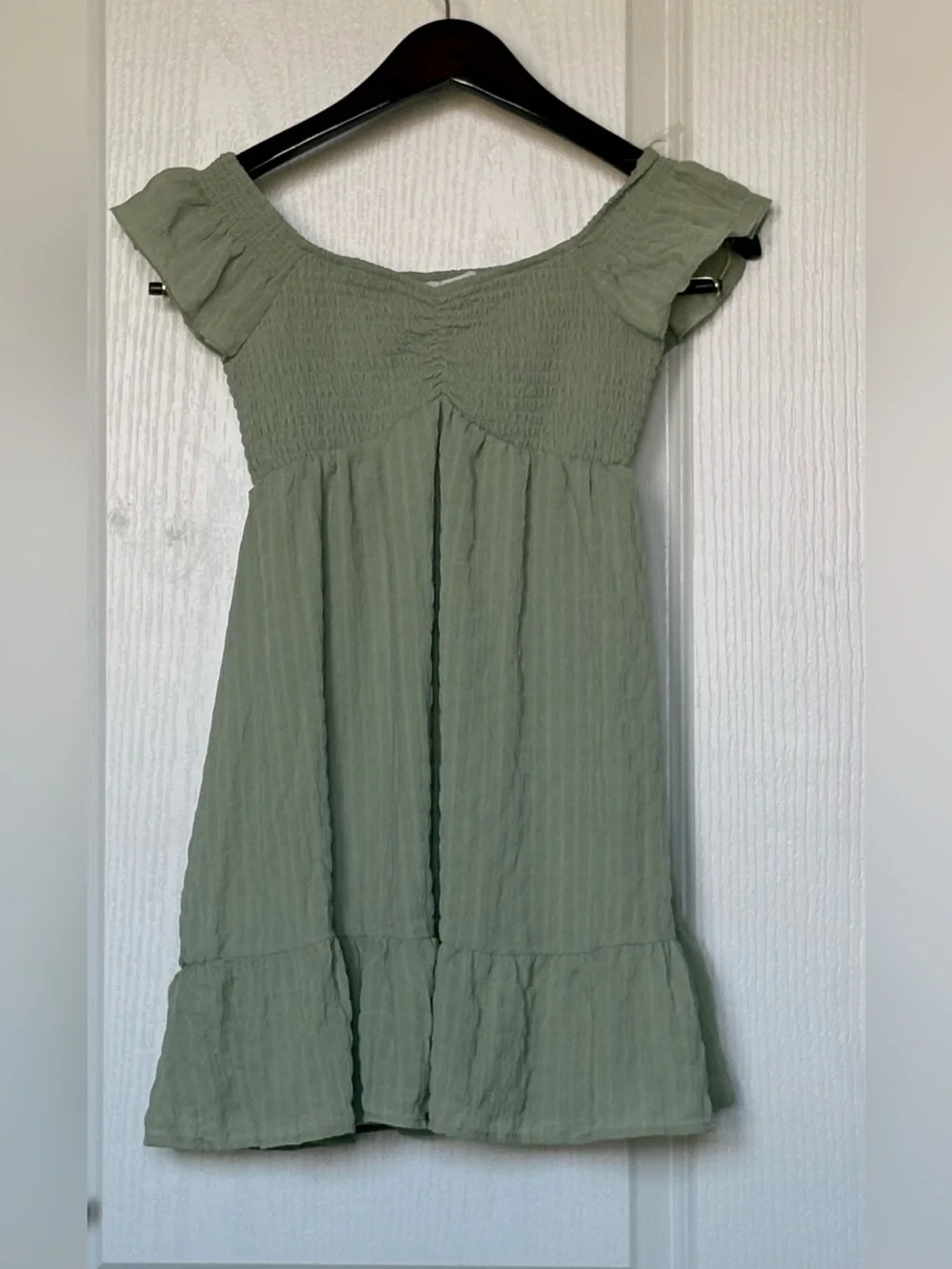 Sincerely Jules Sage Green Smocked Off-Shoulder Tunic